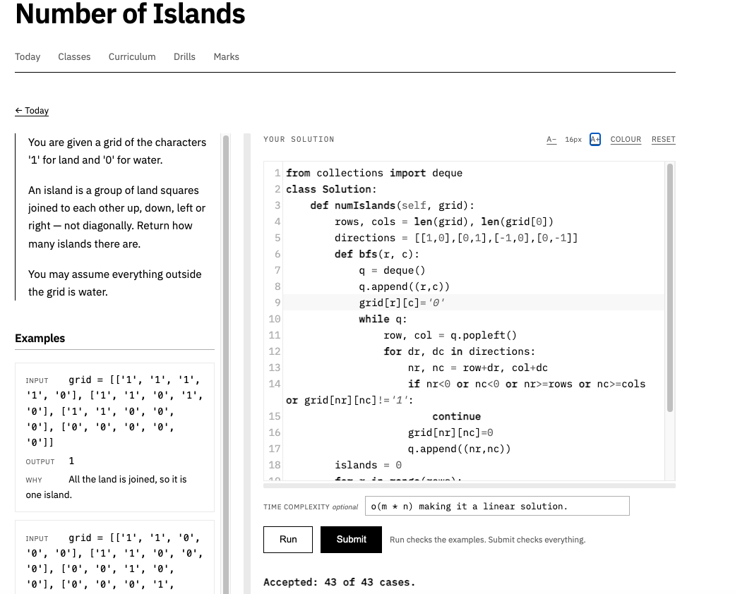 Number of Islands: the statement and examples beside the editor, with Run, Submit and the verdict